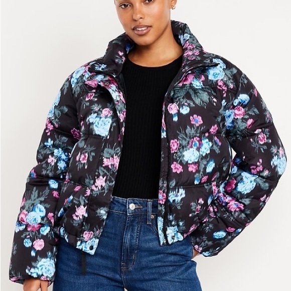 Old Navy Jackets & Blazers - Old Navy Floral Black Puffer Jacket